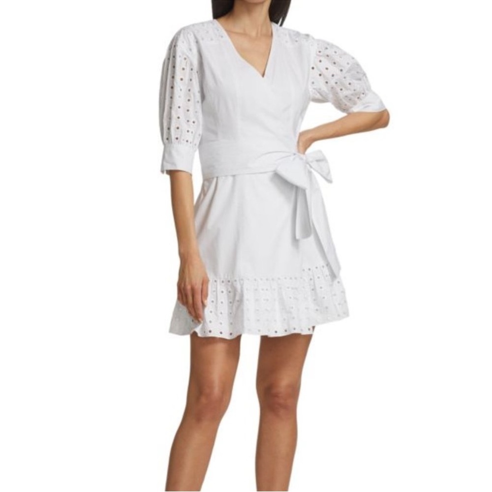 Tanya Taylor Gina Eyelet Trim Wrap Eyelet Mini Dress Ruffle Coquette Coastal